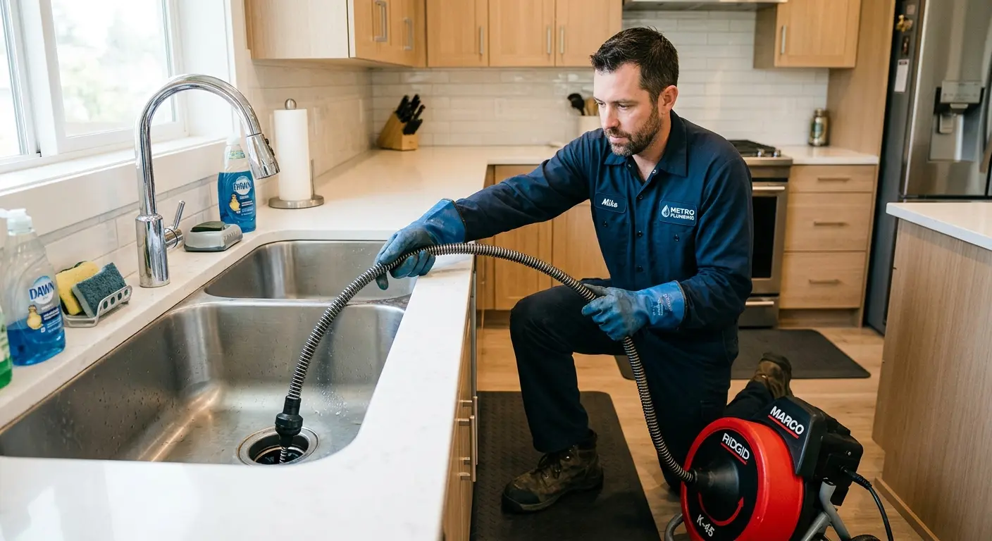 Drain cleaning technician using a motorized snake on a kitchen sink in Chatham