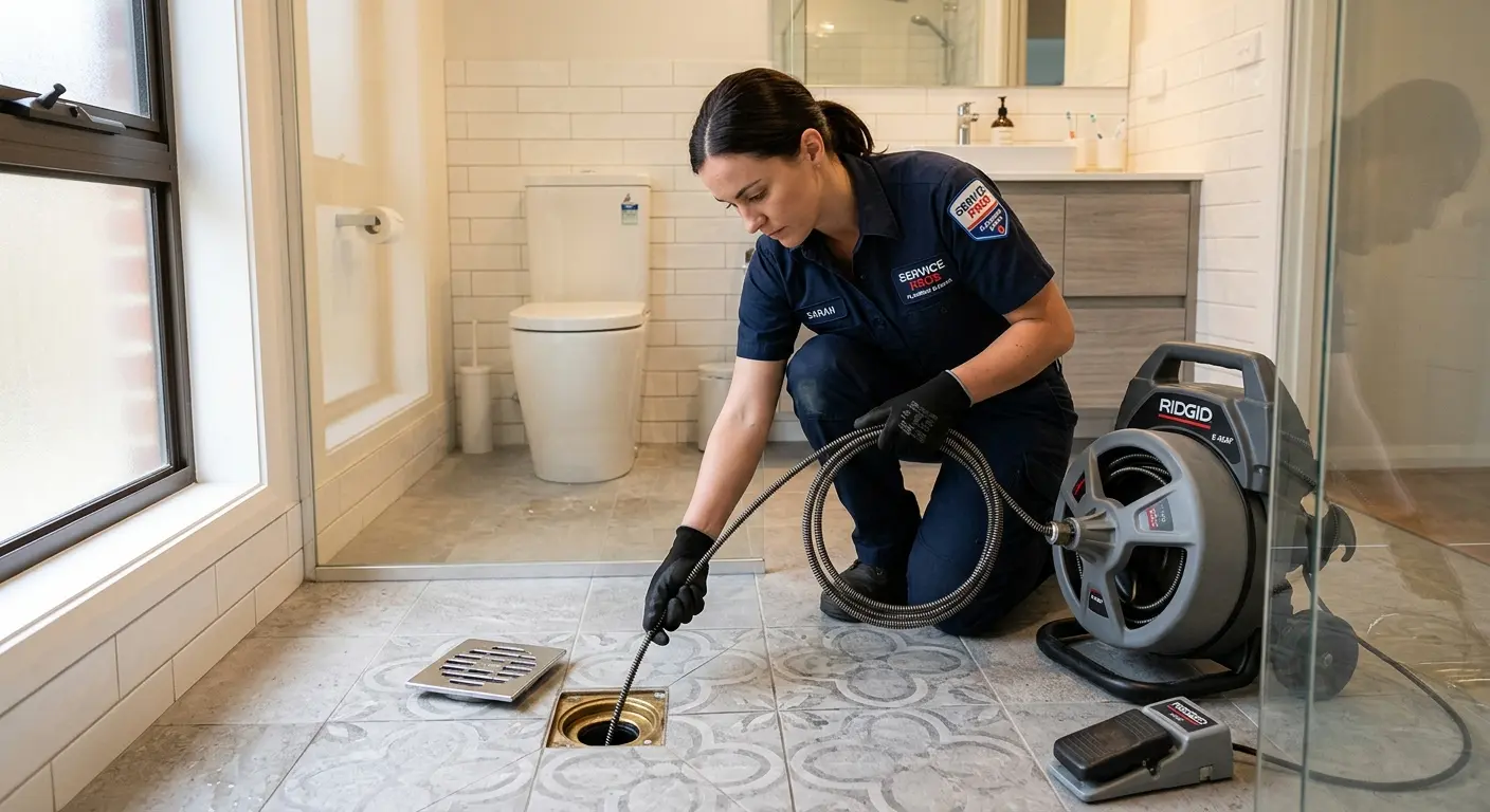 Technician clearing a bathroom floor drain for Drain Repair in Chatham